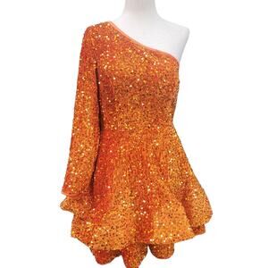 NWT Orange Asymmetric One Long Sleeve Short Sequin Dress